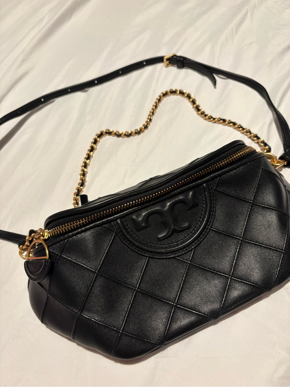 Tory Burch Black Quilted Leather belt bag  with Gold Chain